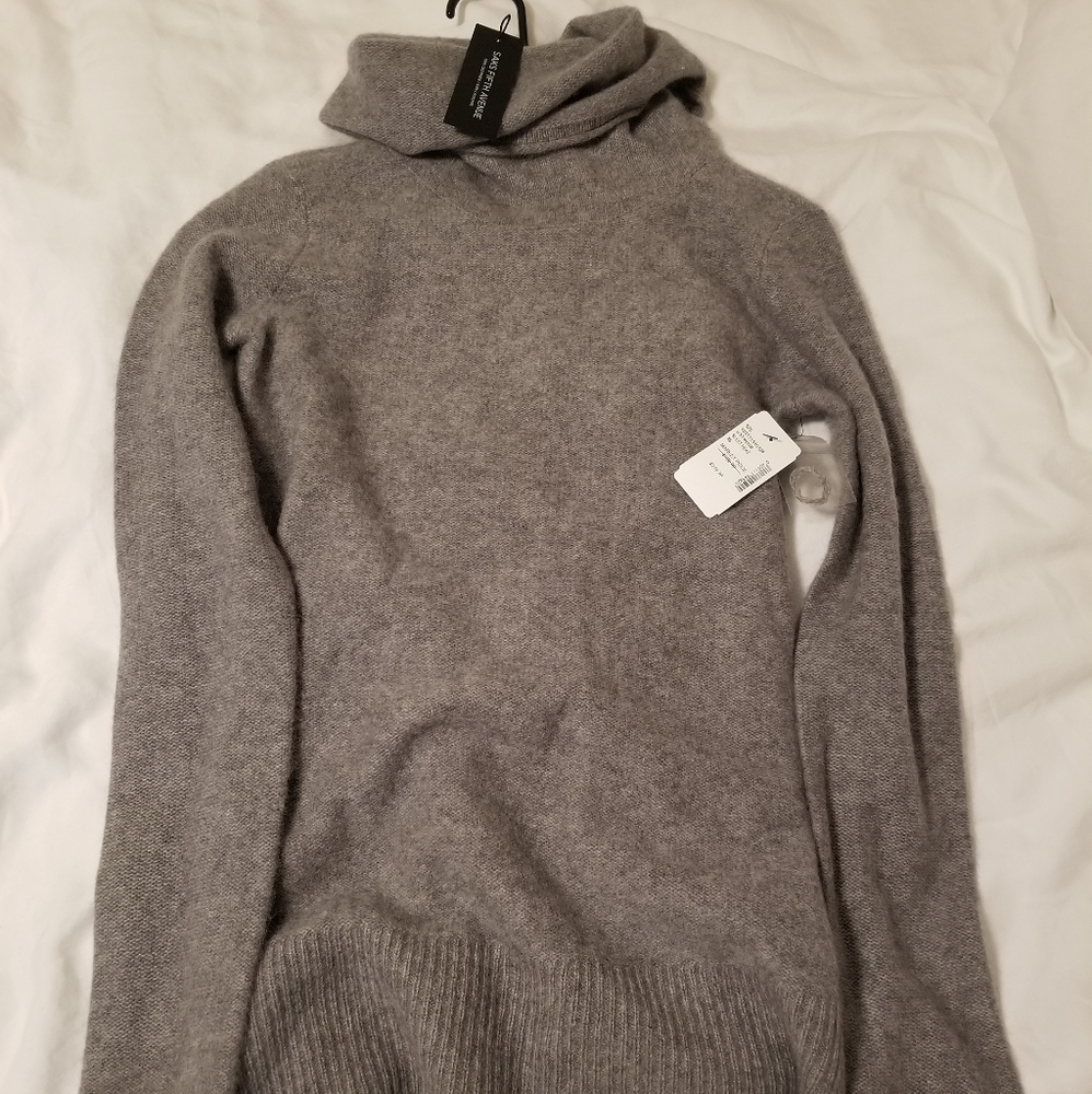 100% cashmere grey cowl neck sweater new